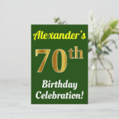 緑、フェイク金ゴールド70番目の誕生祝い+名前 招待状 (スタンド正面)