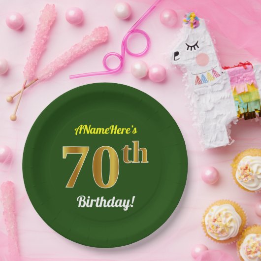 緑、フェイク金ゴールド70誕生日+名前をカスタムする ペーパープレート (パーティー)