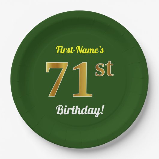 緑、フェイク金ゴールド71番目の誕生日+名前をカスタムする ペーパープレート (正面)