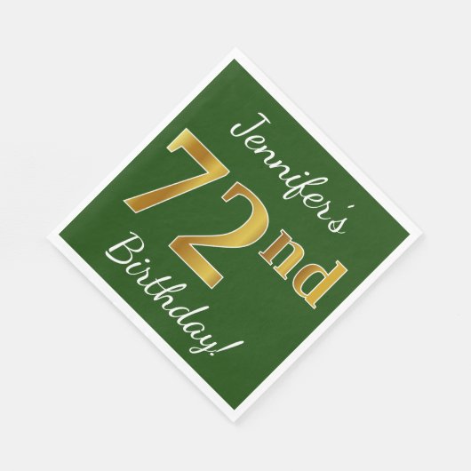 緑、フェイク金ゴールド72番目の誕生日+名前をカスタムする スタンダードランチョンナプキン (角)