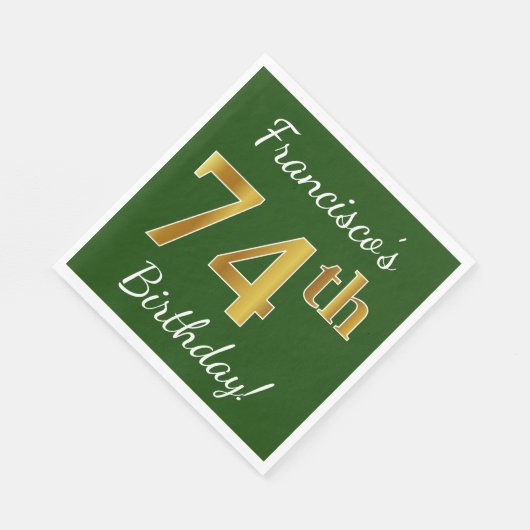 緑、フェイク金ゴールド74番目の誕生日+名前をカスタムする スタンダードランチョンナプキン (角)
