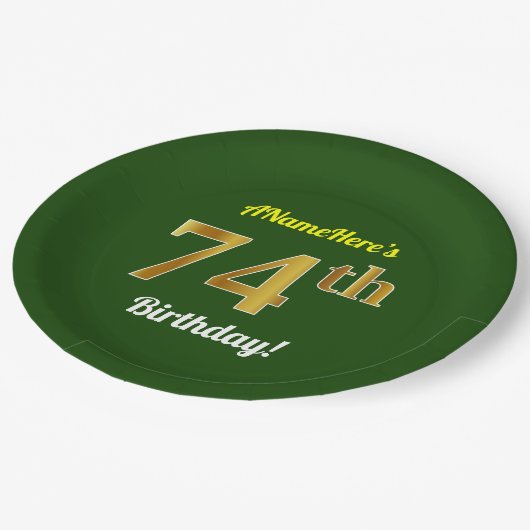 緑、フェイク金ゴールド74番目の誕生日+名前をカスタムする ペーパープレート (アングル)