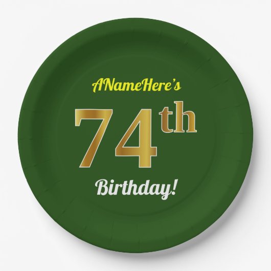 緑、フェイク金ゴールド74番目の誕生日+名前をカスタムする ペーパープレート (正面)