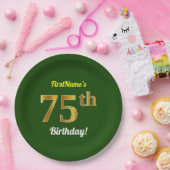 緑、フェイク金ゴールド75番目の誕生日+名前をカスタムする ペーパープレート (パーティー)