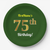 緑、フェイク金ゴールド75番目の誕生日+名前をカスタムする ペーパープレート (正面)
