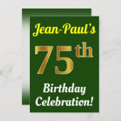 緑、フェイク金ゴールド75番目の誕生祝い+名前 招待状 (正面/裏面)