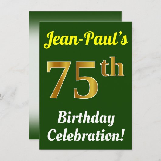 緑、フェイク金ゴールド75番目の誕生祝い+名前 招待状 (正面/裏面)