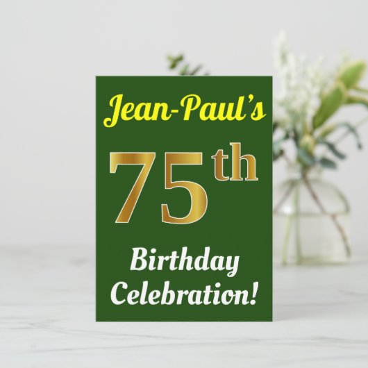 緑、フェイク金ゴールド75番目の誕生祝い+名前 招待状 (スタンド正面)