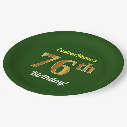 緑、フェイク金ゴールド76番目の誕生日+名前をカスタムする ペーパープレート (アングル)