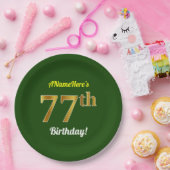 緑、フェイク金ゴールド77番目の誕生日+名前をカスタムする ペーパープレート (パーティー)
