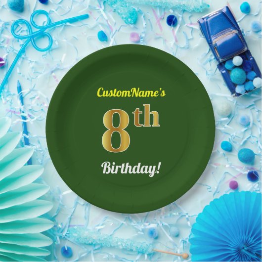 緑、フェイク金ゴールド8番目の誕生日+名前をカスタムする ペーパープレート (パーティー)