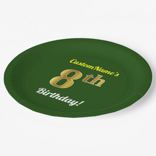 緑、フェイク金ゴールド8番目の誕生日+名前をカスタムする ペーパープレート (アングル)