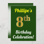 緑、フェイク金ゴールド8番目の誕生祝い+名前 招待状 (正面/裏面)
