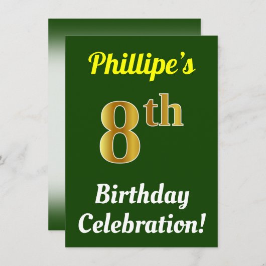 緑、フェイク金ゴールド8番目の誕生祝い+名前 招待状 (正面/裏面)