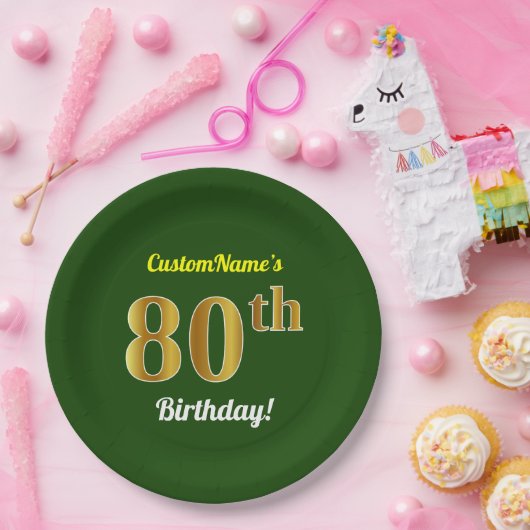 緑、フェイク金ゴールド80番目の誕生日+名前をカスタムする ペーパープレート (パーティー)