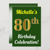 緑、フェイク金ゴールド80番目の誕生祝い+名前 招待状 (正面/裏面)