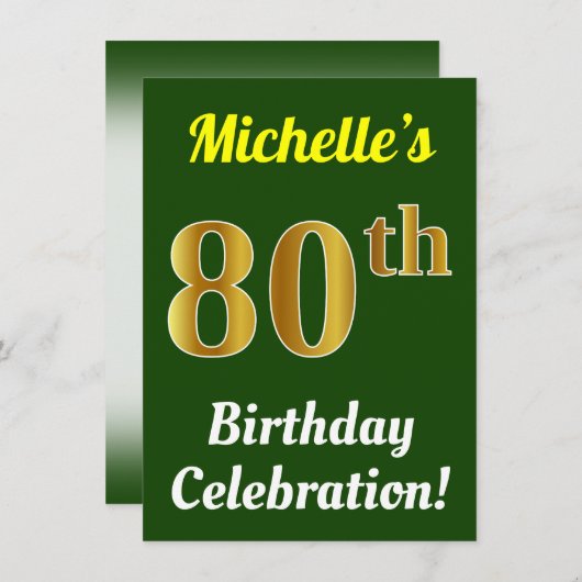 緑、フェイク金ゴールド80番目の誕生祝い+名前 招待状 (正面/裏面)