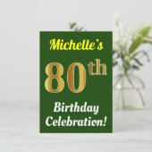 緑、フェイク金ゴールド80番目の誕生祝い+名前 招待状 (スタンド正面)