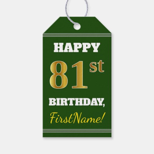 緑、フェイク金ゴールド81番目の誕生日+名前をカスタムする ギフトタグ (正面)
