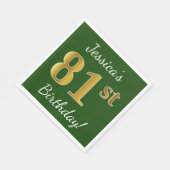 緑、フェイク金ゴールド81番目の誕生日+名前をカスタムする スタンダードランチョンナプキン (角)