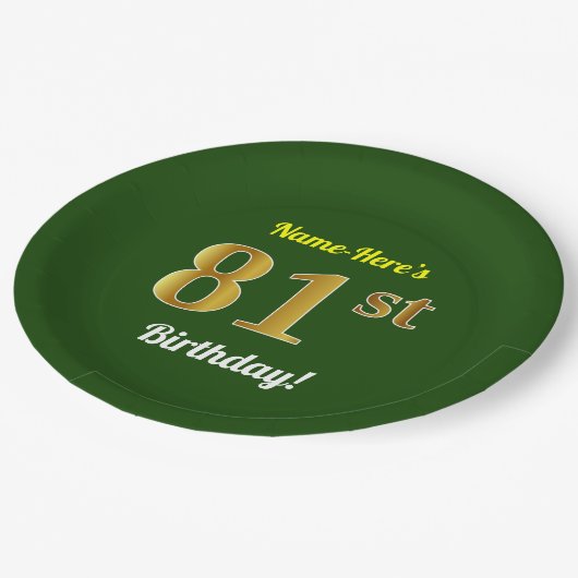 緑、フェイク金ゴールド81番目の誕生日+名前をカスタムする ペーパープレート (アングル)