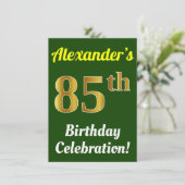 緑、フェイク金ゴールド85番目の誕生祝い+名前 招待状 (スタンド正面)