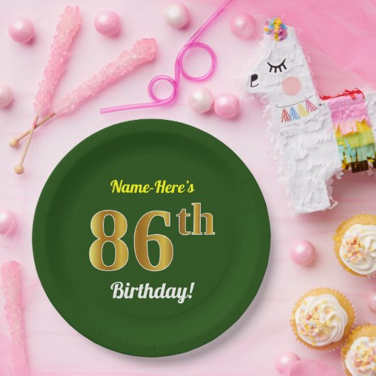 緑、フェイク金ゴールド86番目の誕生日+名前をカスタムする ペーパープレート (パーティー)