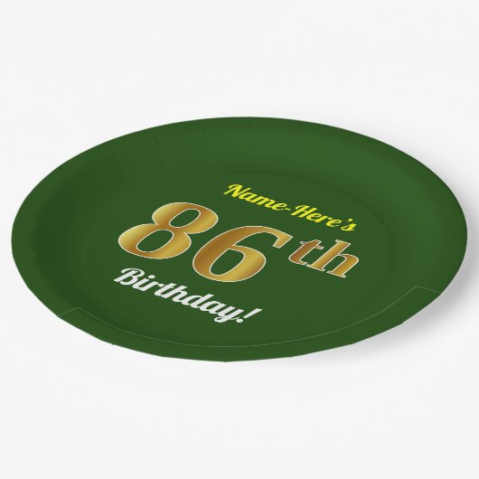 緑、フェイク金ゴールド86番目の誕生日+名前をカスタムする ペーパープレート (アングル)