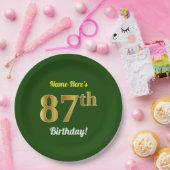 緑、フェイク金ゴールド87番目の誕生日+名前をカスタムする ペーパープレート (パーティー)