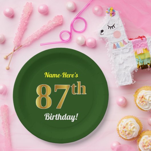 緑、フェイク金ゴールド87番目の誕生日+名前をカスタムする ペーパープレート (パーティー)