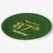 緑、フェイク金ゴールド87番目の誕生日+名前をカスタムする ペーパープレート (アングル)