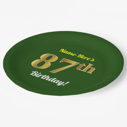 緑、フェイク金ゴールド87番目の誕生日+名前をカスタムする ペーパープレート (アングル)