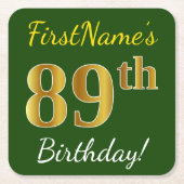緑、フェイク金ゴールド89番目の誕生日+名前をカスタムする スクエアペーパーコースター (正面)