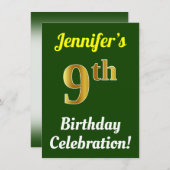 緑、フェイク金ゴールド9番目の誕生祝い+名前 招待状 (正面/裏面)