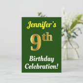 緑、フェイク金ゴールド9番目の誕生祝い+名前 招待状 (スタンド正面)