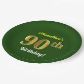 緑、フェイク金ゴールド90番目の誕生日+名前をカスタムする ペーパープレート (アングル)