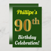 緑、フェイク金ゴールド90番目の誕生祝い+名前 招待状 (正面/裏面)