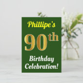 緑、フェイク金ゴールド90番目の誕生祝い+名前 招待状 (スタンド正面)