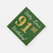 緑、フェイク金ゴールド91番目の誕生日+名前をカスタムする スタンダードランチョンナプキン (角)