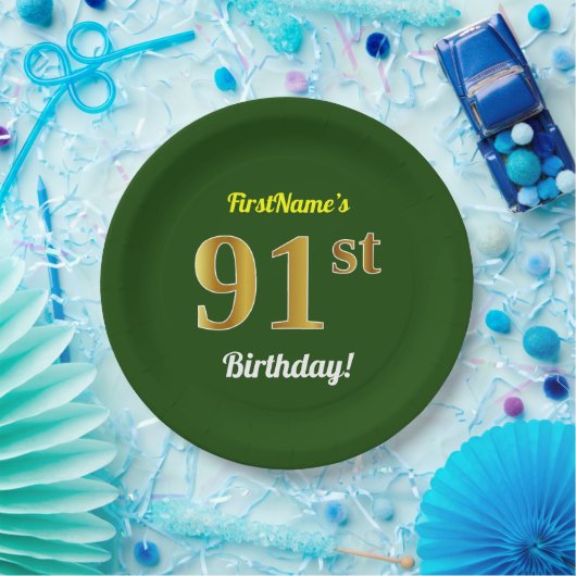 緑、フェイク金ゴールド91番目の誕生日+名前をカスタムする ペーパープレート (パーティー)