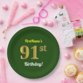 緑、フェイク金ゴールド91番目の誕生日+名前をカスタムする ペーパープレート (パーティー)