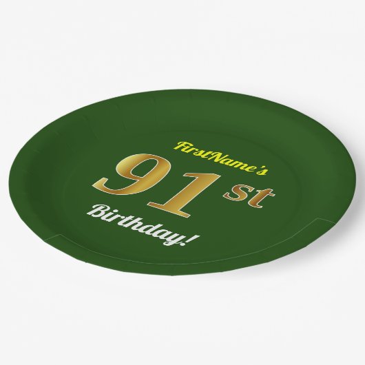 緑、フェイク金ゴールド91番目の誕生日+名前をカスタムする ペーパープレート (アングル)