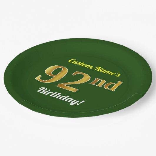 緑、フェイク金ゴールド92番目の誕生日+名前をカスタムする ペーパープレート (アングル)