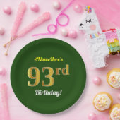 緑、フェイク金ゴールド93番目の誕生日+名前をカスタムする ペーパープレート (パーティー)