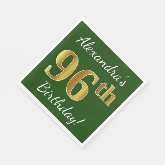緑、フェイク金ゴールド96番目の誕生日+名前をカスタムする スタンダードランチョンナプキン (角)