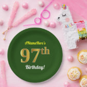 緑、フェイク金ゴールド97番目の誕生日+名前をカスタムする ペーパープレート (パーティー)