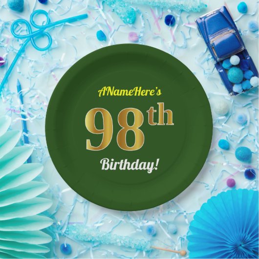 緑、フェイク金ゴールド98番目の誕生日+名前をカスタムする ペーパープレート (パーティー)
