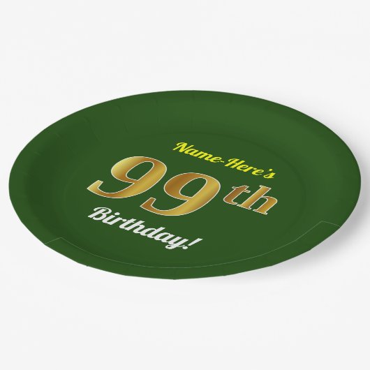 緑、フェイク金ゴールド99誕生日+名前をカスタムする ペーパープレート (アングル)