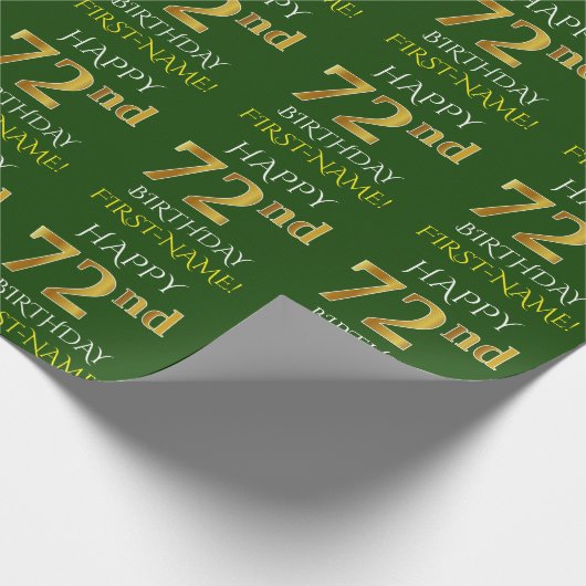 緑、フェイク金ゴールド「HAPPY 72nd誕生日」 ラッピングペーパー (角)