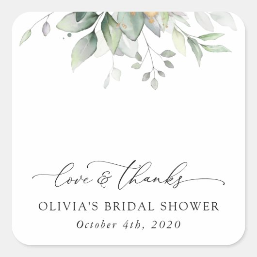 緑,ユーカリ葉ス,ボホ,ブライダルシャワー スクエアシール (正面)